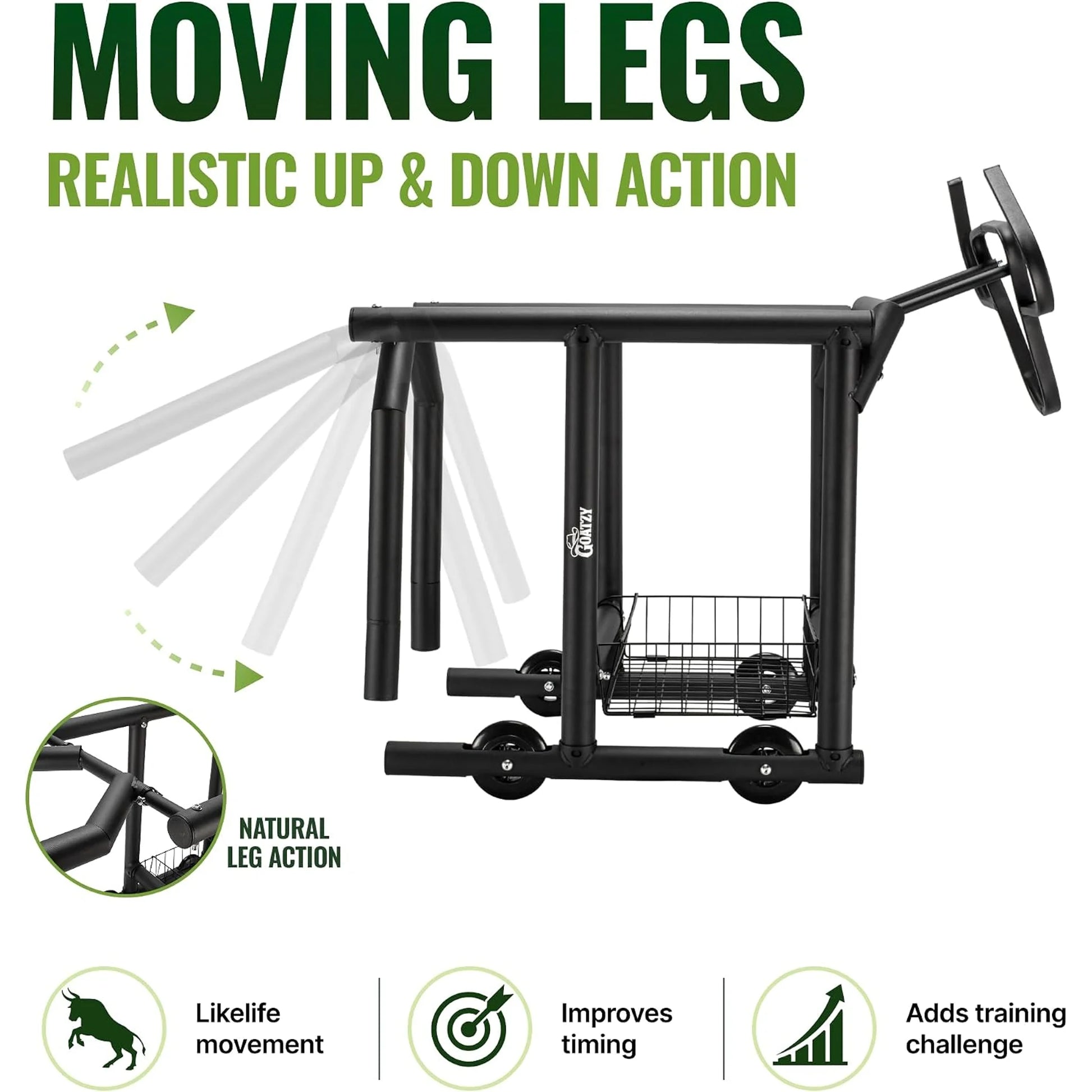 Moving hind legs on the roping dummy give a realistic up and down action