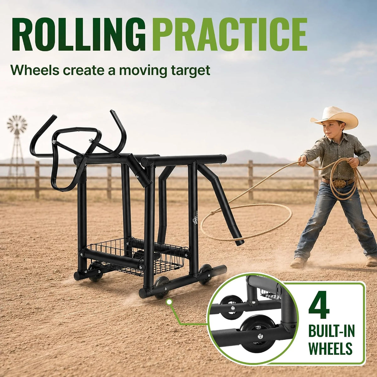 Rolling roping dummy on 4 built-in wheels creates a moving target