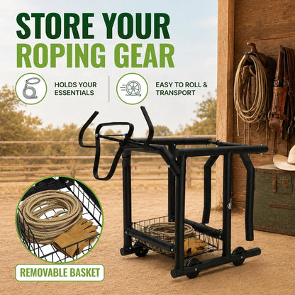 Removable basket under the roping dummy holds ropes and gloves between sessions