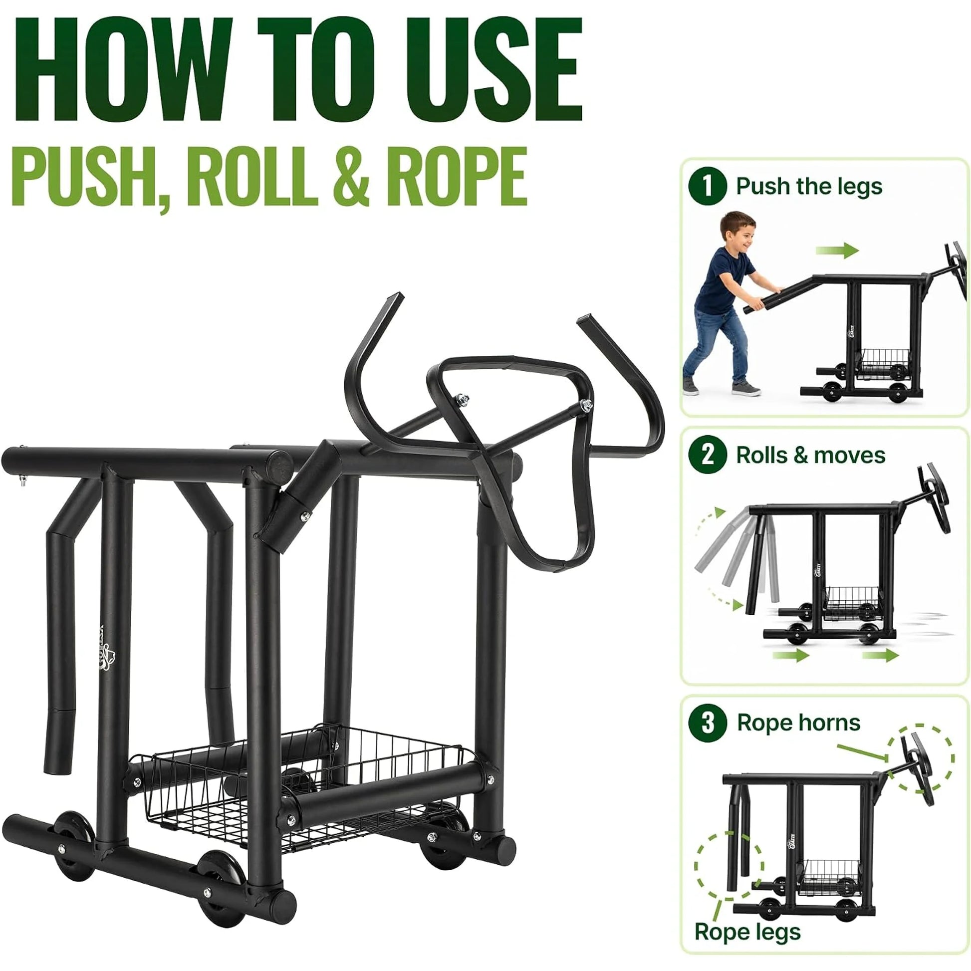 How to use the roping dummy: push the legs, it rolls and moves, then rope the horns