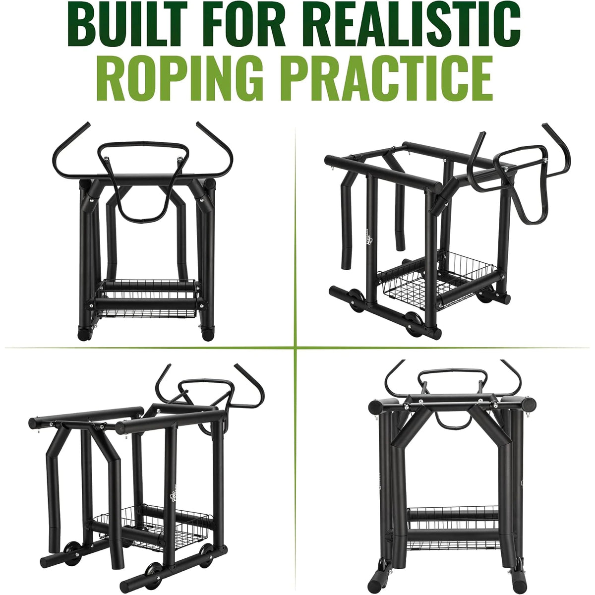 Roping dummy shown from four angles with steer head, legs and storage basket