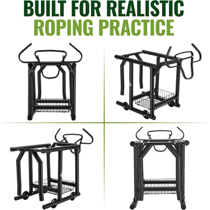Roping dummy shown from four angles with steer head, legs and storage basket