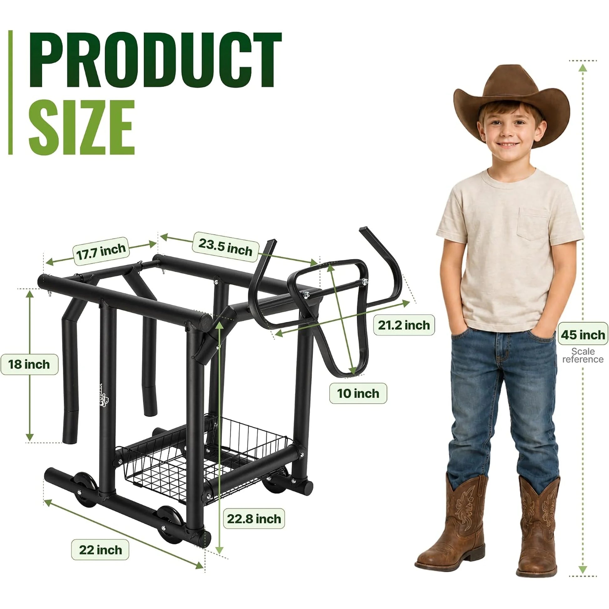 Roping dummy dimensions: 23.5 x 22 x 22.8 inch frame with a 21.2 inch steer head